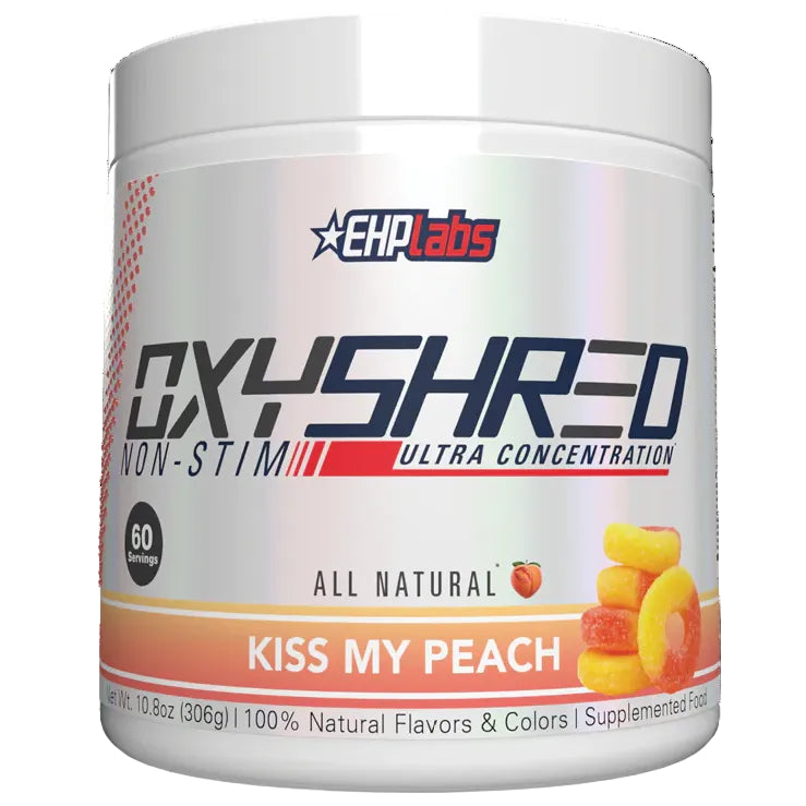OxyShred supplement container with EHP Labs branding on a white background
