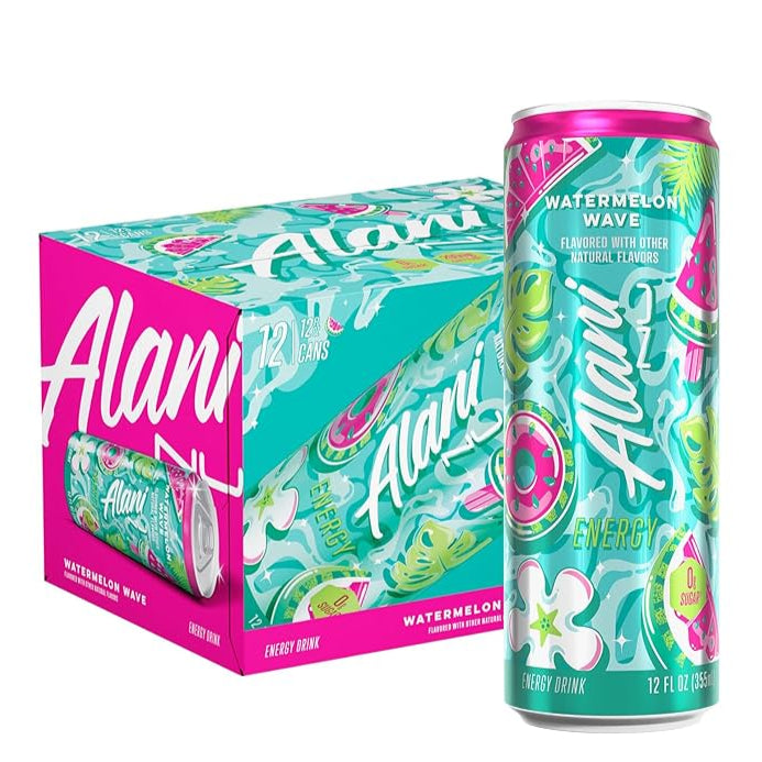 Alani energy drink can and packaging with watermelon wave flavor on a white background