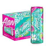 Alani energy drink can and packaging with watermelon wave flavor on a white background