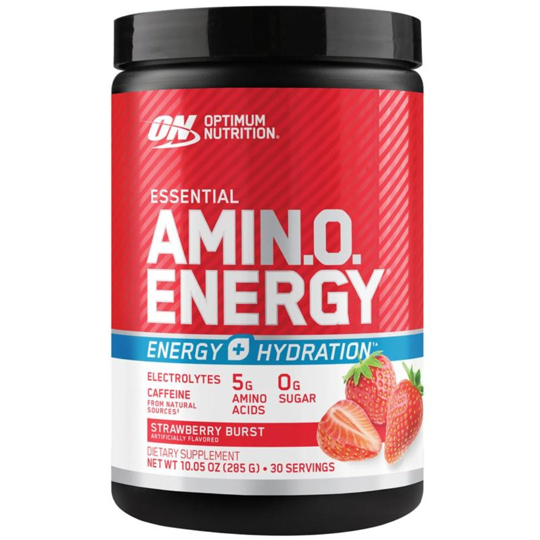 Optimum Nutrition Amino Energy supplement container with strawberry flavor on a white background