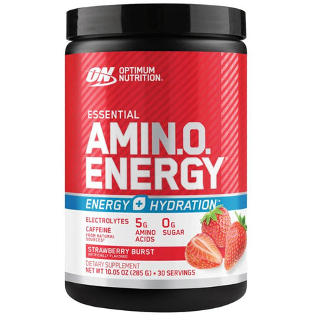 Optimum Nutrition Amino Energy supplement container with strawberry flavor on a white background