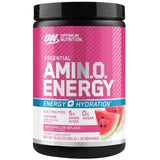 Optimum Nutrition Amino Energy supplement container with pink label and watermelon flavor indication.