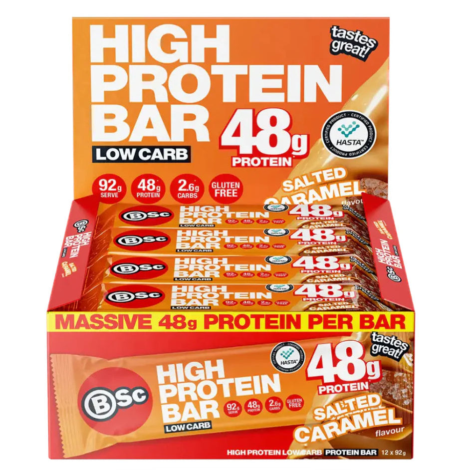Box of BSc High Protein Bars with 48g protein in salted caramel flavor on a white background