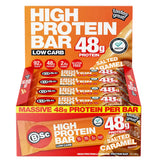 Box of BSc High Protein Bars with 48g protein in salted caramel flavor on a white background