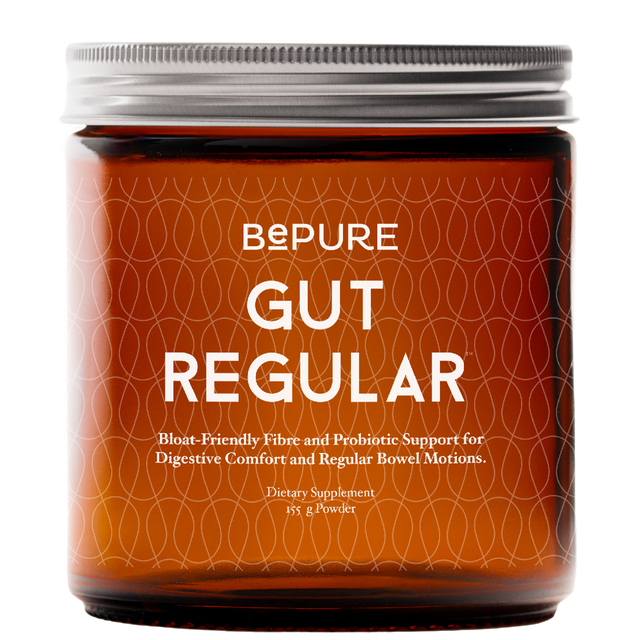 Jar of 'BePure Gut Regular' dietary supplement on a white background