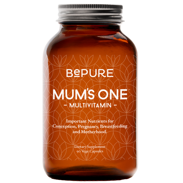 Brown supplement bottle labeled 'Bepure Mum's One Multivitamin' on a white background