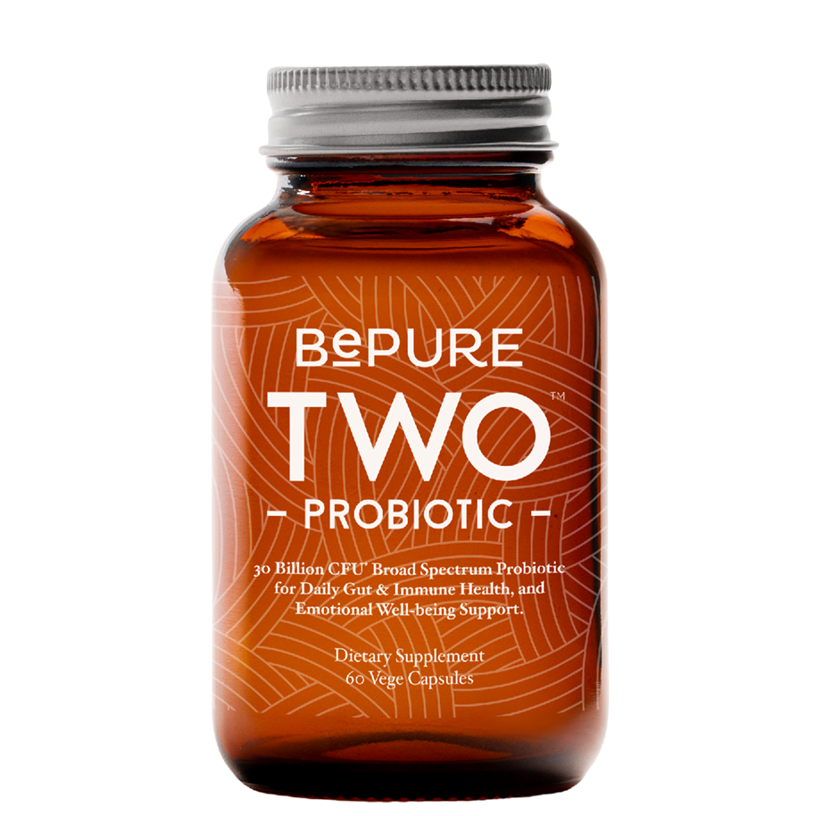 Brown supplement bottle labeled 'Bepure Two Probiotic' on a white background