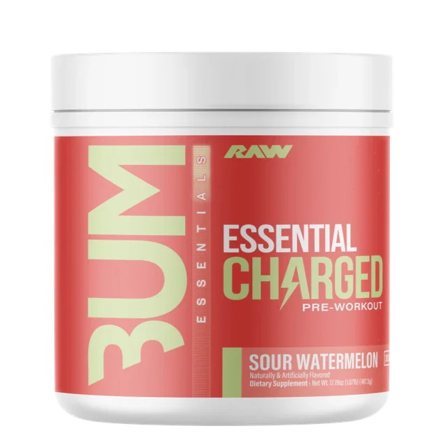 BUM Essential Charged pre-workout supplement container on a white background