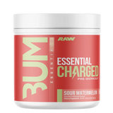BUM Essential Charged pre-workout supplement container on a white background