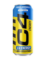 A pack of Cellucor C4 Energy carbonated energy drink cans in various flavors, with the brand's logo and color scheme prominently displayed.