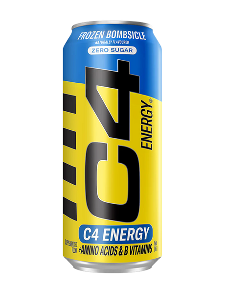 A pack of Cellucor C4 Energy carbonated energy drink cans in various flavors, with the brand's logo and color scheme prominently displayed.