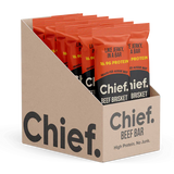 Box of Chief Beef Bar packages on a white background