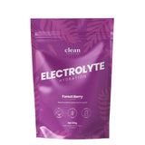 Purple package of clean nutrition electrolyte powder with forest berry flavor on a white background