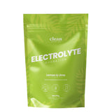 Green package of clean nutrition electrolyte powder with lemon and lime flavor on a white background