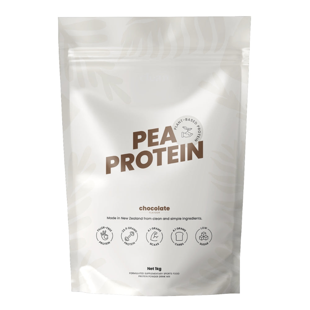 Package of chocolate pea protein on a white background