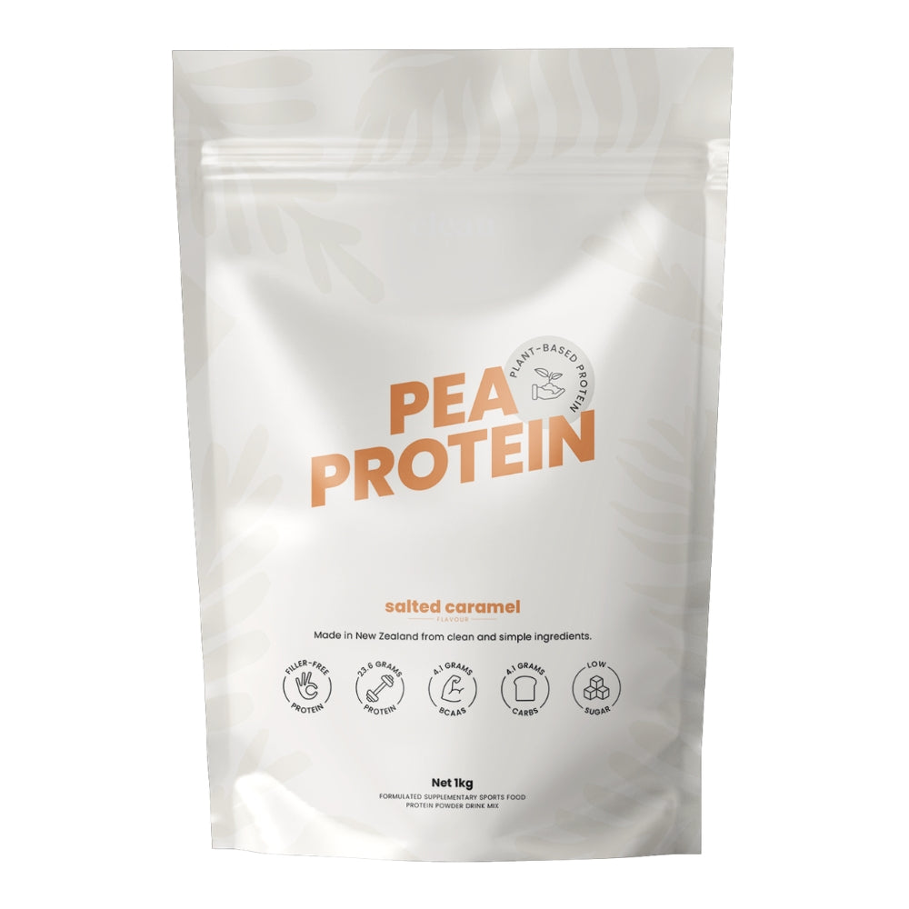 Package of pea protein powder with 'Pea Protein' branding on a white background