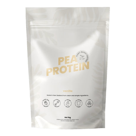 Pea protein package with gold text on a white background