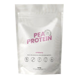 White package of pea protein with pink text on a white background