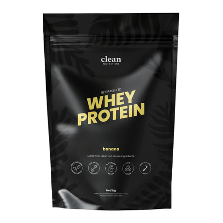 Black whey protein package flavoured banana, with yellow text on a white background