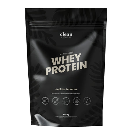 Black packaging of clean nutrition whey protein with 'cookies & cream' flavor on a white background