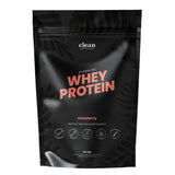 Black package of clean nutrition whey protein with strawberry flavor on a white background