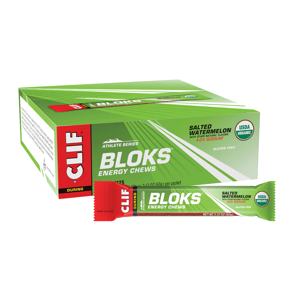 Box of Clif Bloks energy chews with a single packet on a white background
