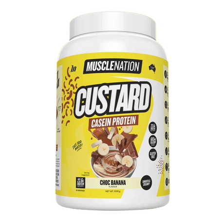 MUSCLENATION Custard Casein Protein container with yellow label on a white background
