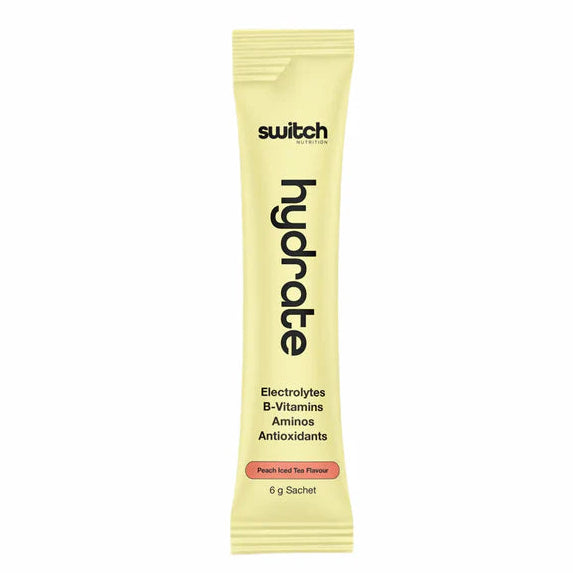 Yellow packet of 'switch' hydrate on a white background
