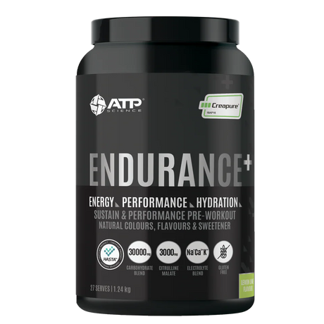 Black supplement container labeled 'Endurance+' by ATP Science on a white background