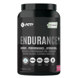 Black supplement container labeled 'Endurance+' by ATP Science on a white background