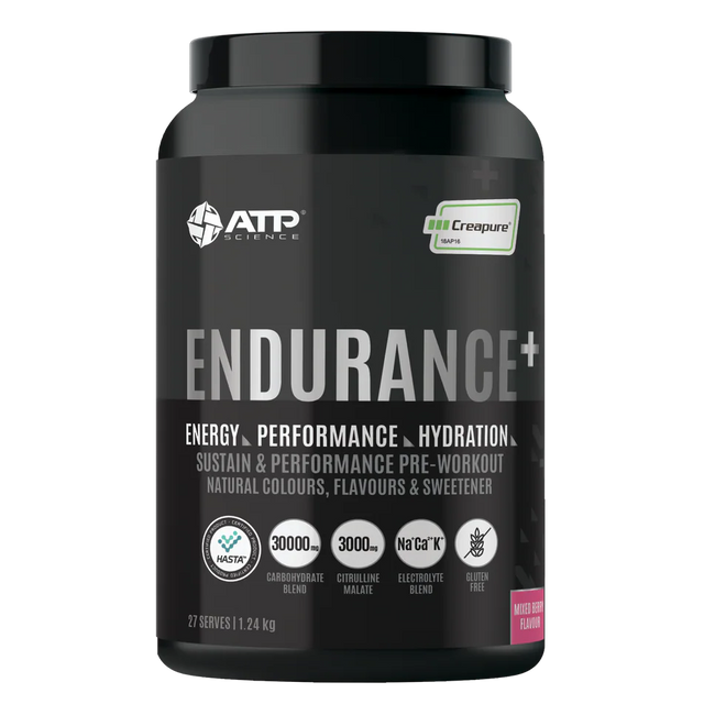Black supplement container labeled 'Endurance+' by ATP Science on a white background