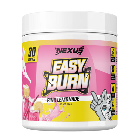 Container of Nexus Easy Burn Pink Lemonade supplement on a white background