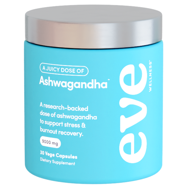 Supplement container labeled 'eve' with blue body and silver lid on a white background