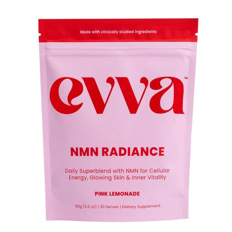 Pink supplement package with red text on a white background