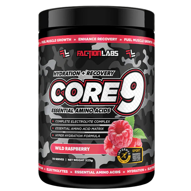 Factor Labs Core 9 supplement container with wild raspberry flavor on a gray background