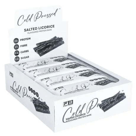 Box of Cold Pressed salted licorice protein bars on a white background