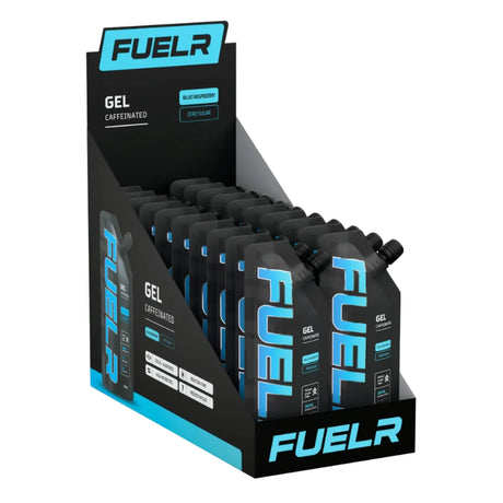 Display of FUELr gel packets with blue and black packaging.
