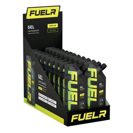 Display of FUELr gel packages with bright yellow and black branding on a white background