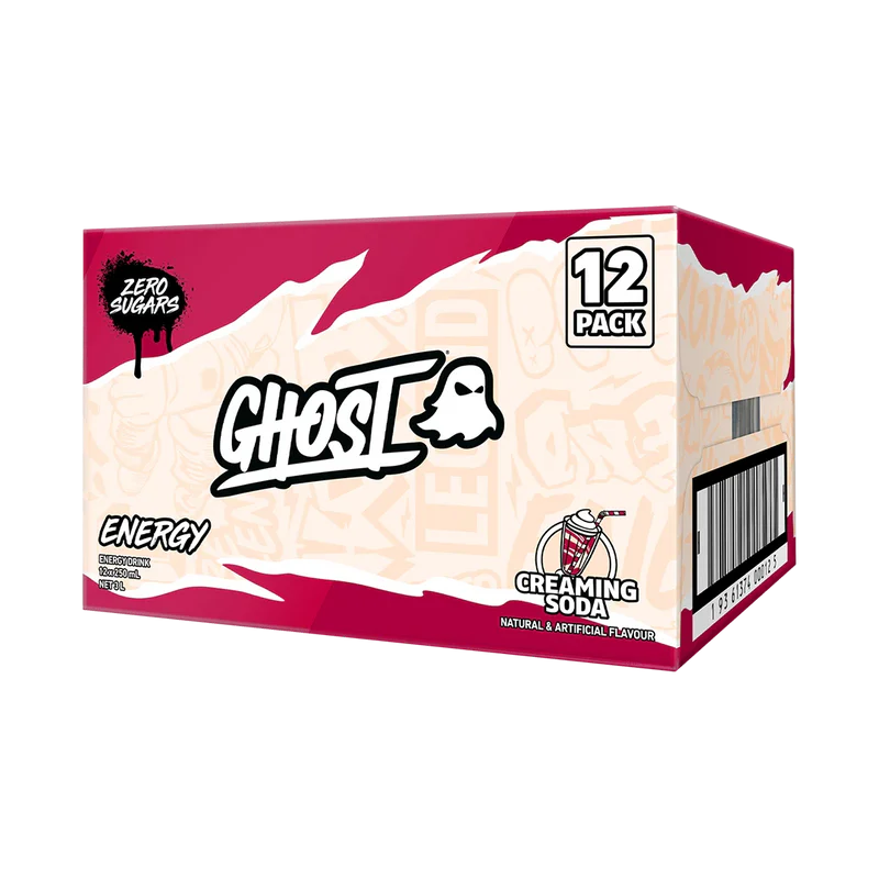 Box of Ghost Creaming Soda energy drinks with 12 packs on a white background