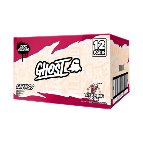 Box of Ghost Creaming Soda energy drinks with 12 packs on a white background