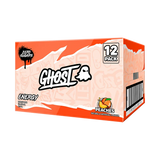 Box of Ghost Energy Peaches drinks with 12 packs on a white background