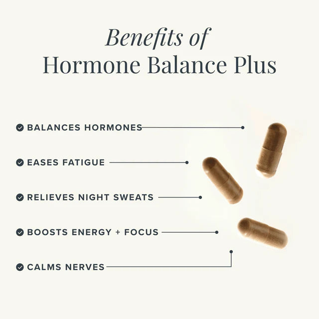 Text listing benefits of Hormone Balance Plus with capsules on a white background
