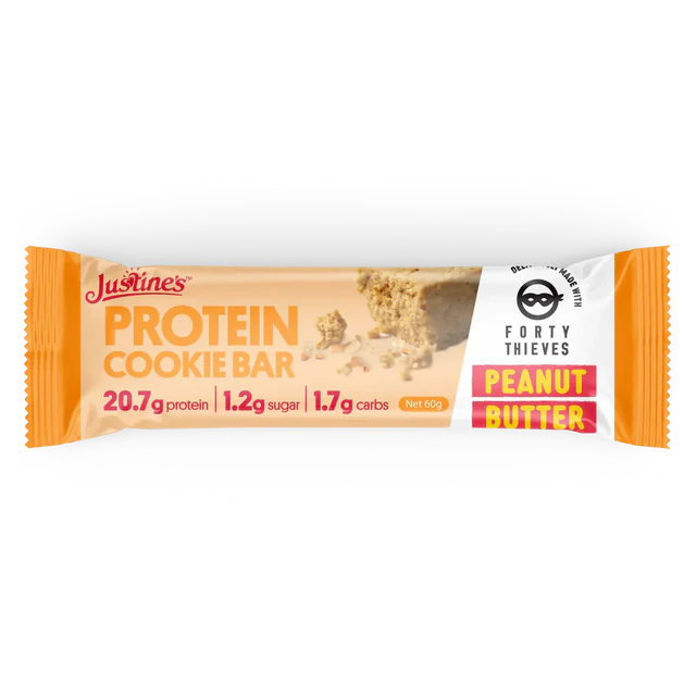 Protein cookie bar packaging with 'Forty Thieves' branding on a white background