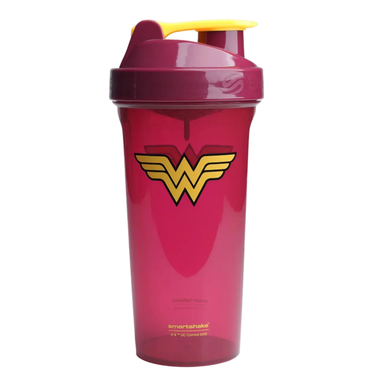 Pink shaker bottle with Wonder Woman logo on a white background
