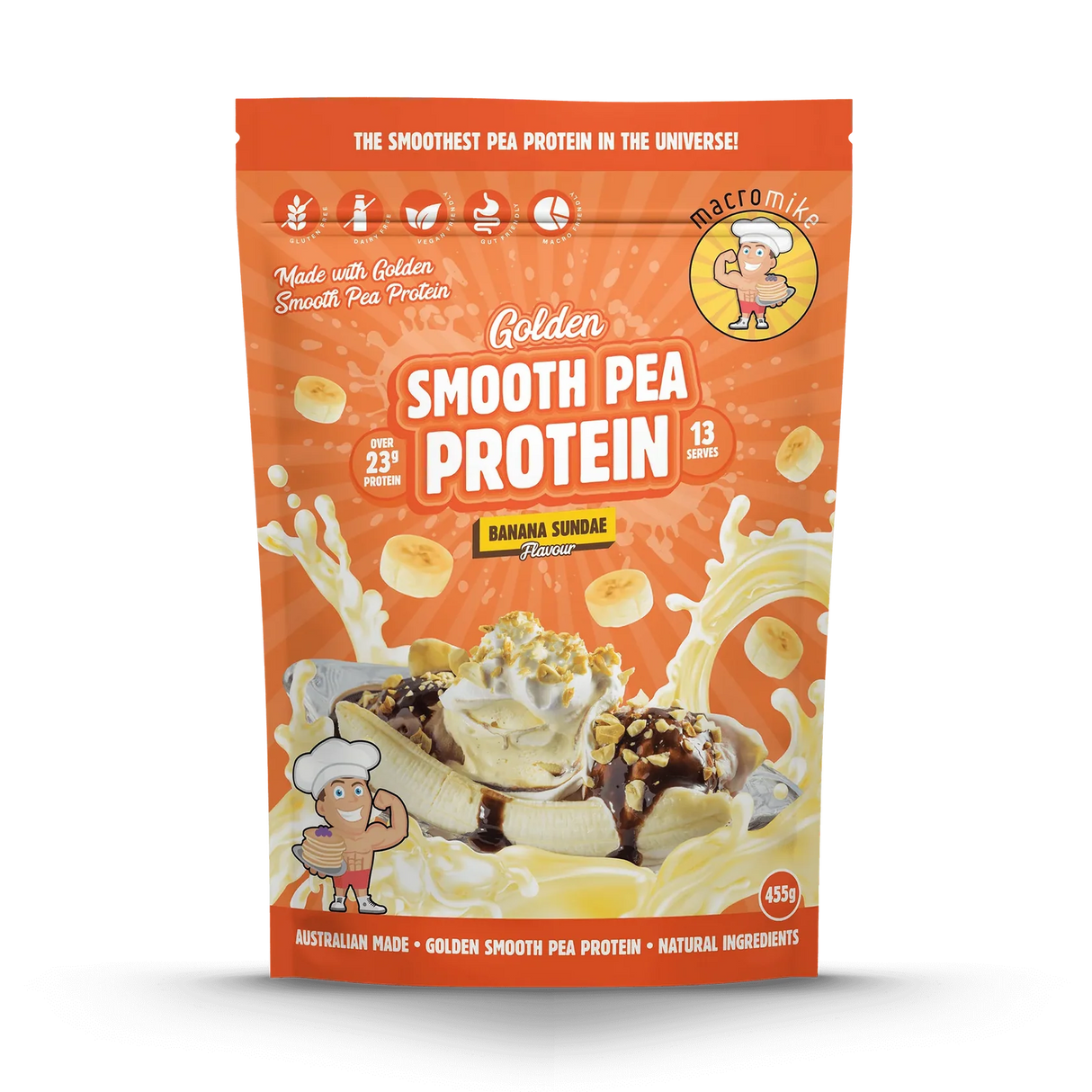 Package of Golden Smooth Pea Protein Banana Sundae flavor on a white background
