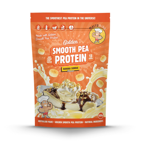 Package of Golden Smooth Pea Protein Banana Sundae flavor on a white background