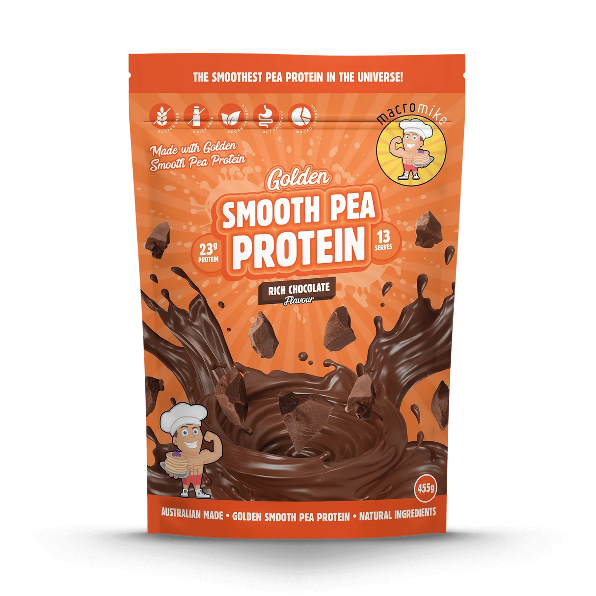 Package of Golden Smooth Pea Protein Rich Chocolate flavor on a white background