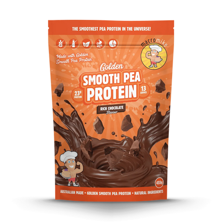 Package of Golden Smooth Pea Protein Rich Chocolate flavor on a white background