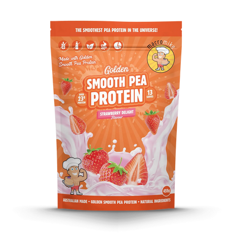 Package of Macronutrients Golden Smooth Pea Protein in Strawberry Delight flavor on a white background