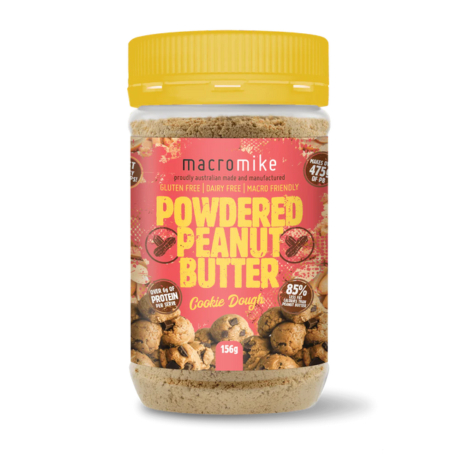 Jar of Macro Mike Powdered Peanut Butter with a yellow lid on a white background